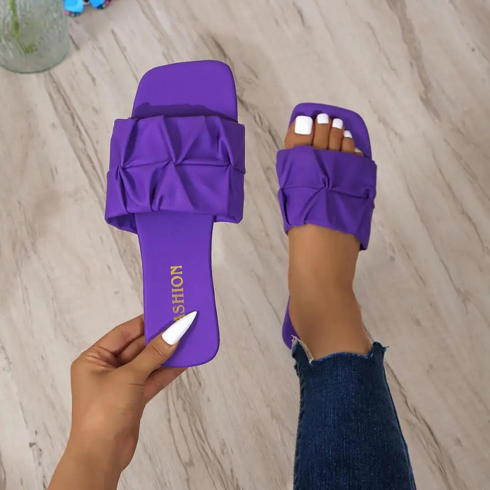 Summer Slippers for Women Flip Flops Flats  New Pleated Korean Slippers Women Sandals Green Slip on Shoes Plus Size 35-43