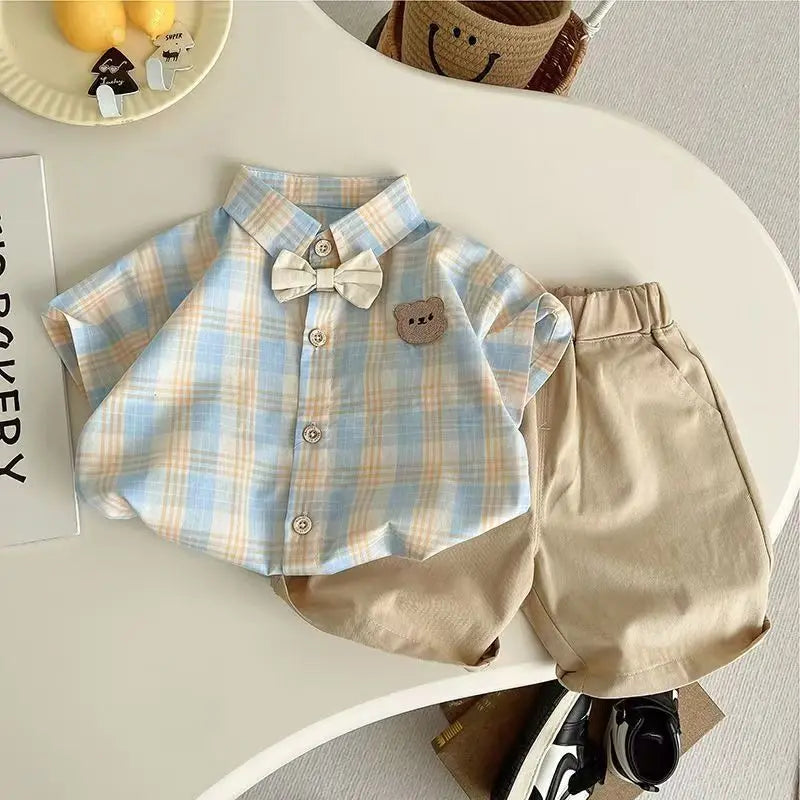 Boy's Summer Ssuit New Children's Short-sleeved Fresh Plaid Fashion Baby Green Gentleman Suit Handsome Korean Version Clothes
