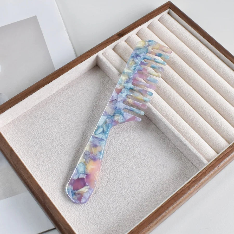 1PC Women's Multicolor acetate Long handle Wide Teeth Smooth comb Portable comb Comfortable handle Holiday gift casual