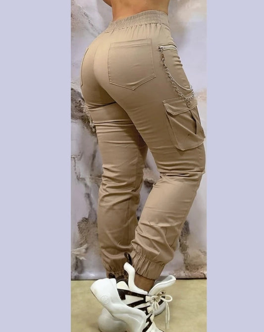 Women's Pants 2024 Autumn Winter Fashion Casual Work Pants Chain Decor Pocket Design Cuffed Cargo Pants Shipped Within 48 Hours