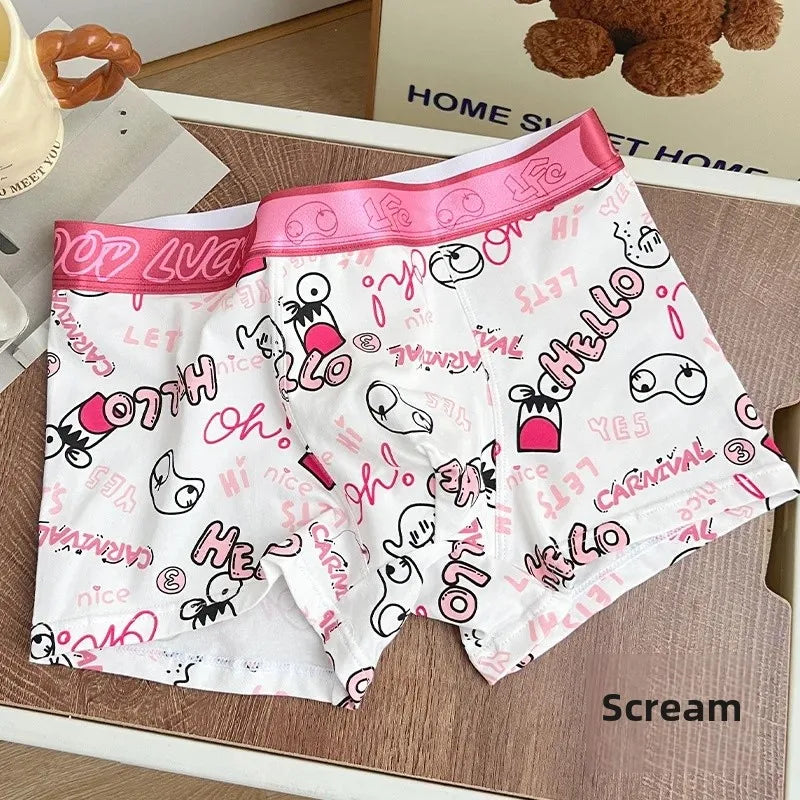 Trendy Pink Cotton Boxer Shorts for Men Cute Cartoon Design Bagged Four Corner Briefs Comfortable Breathable Men's Underwear