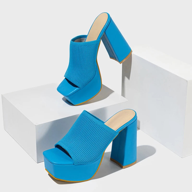 Aneikeh Summer Knitting Yarn Pleated Platform Rome Shallow Thick Bottom Peep Toe Thin Heels Women Sandals Slip-On Party Shoes