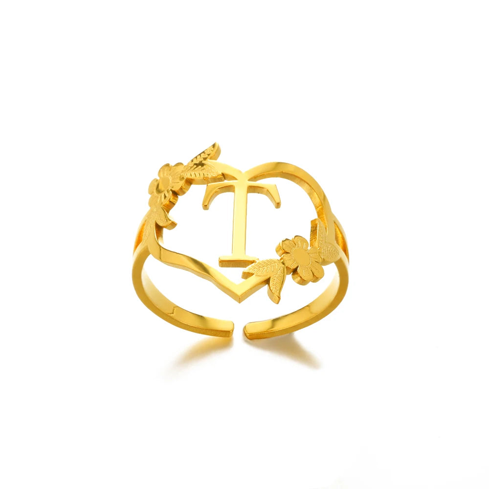 Stainless Steel Gold Color Heart A-Z Letter Rings For Women Anillos Mujer Love Open Initials Name Alphabet Ring Jewelry Gift