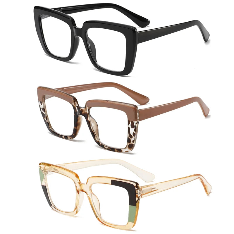 Three pairs of stylish and comfortable large-framed reading glasses, blue light protection, suitable for both men and women