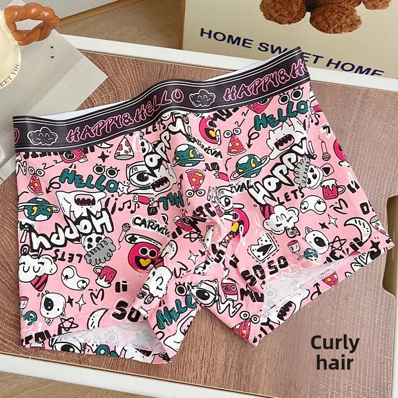 Trendy Pink Cotton Boxer Shorts for Men Cute Cartoon Design Bagged Four Corner Briefs Comfortable Breathable Men's Underwear