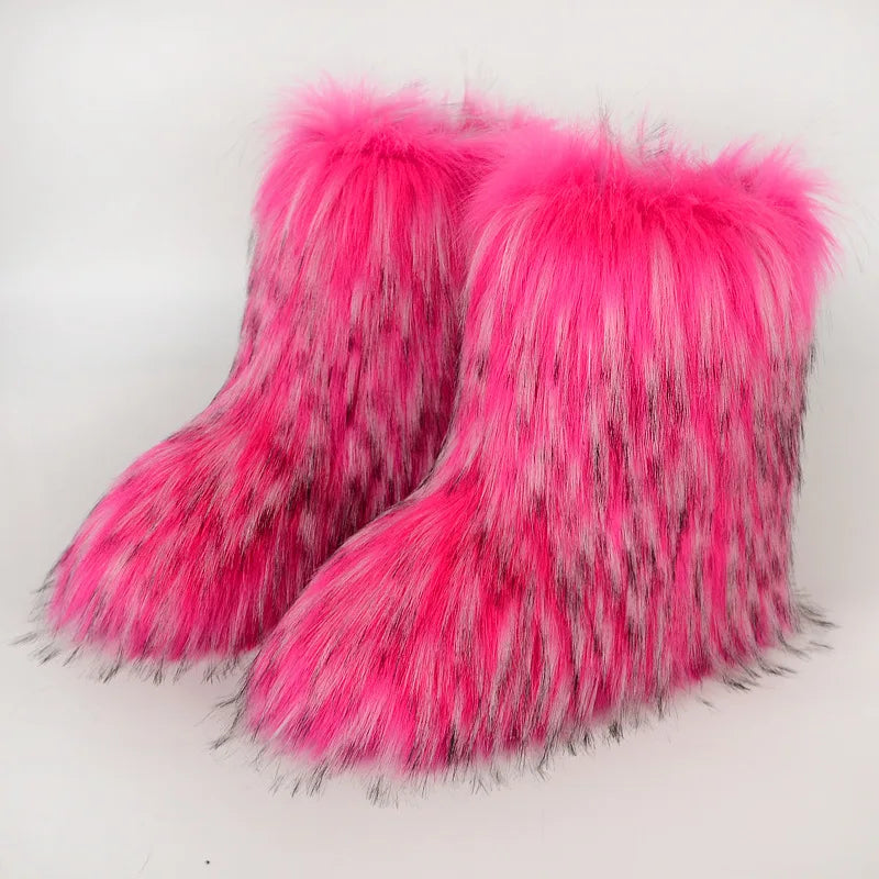 New Winter Fur Onepiece Raccoon Fur Female Snow Boots Fur Shoes Outdoor Mid Leg Boots