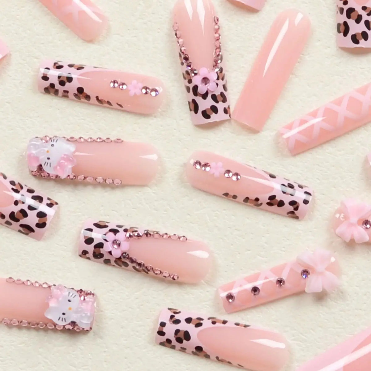 24Pcs Long Ballet Shape Nail Pink Leopard French Nail Art Patch Stereo Bow Pink Five-Petal Flower Ballet Style Fake Nail