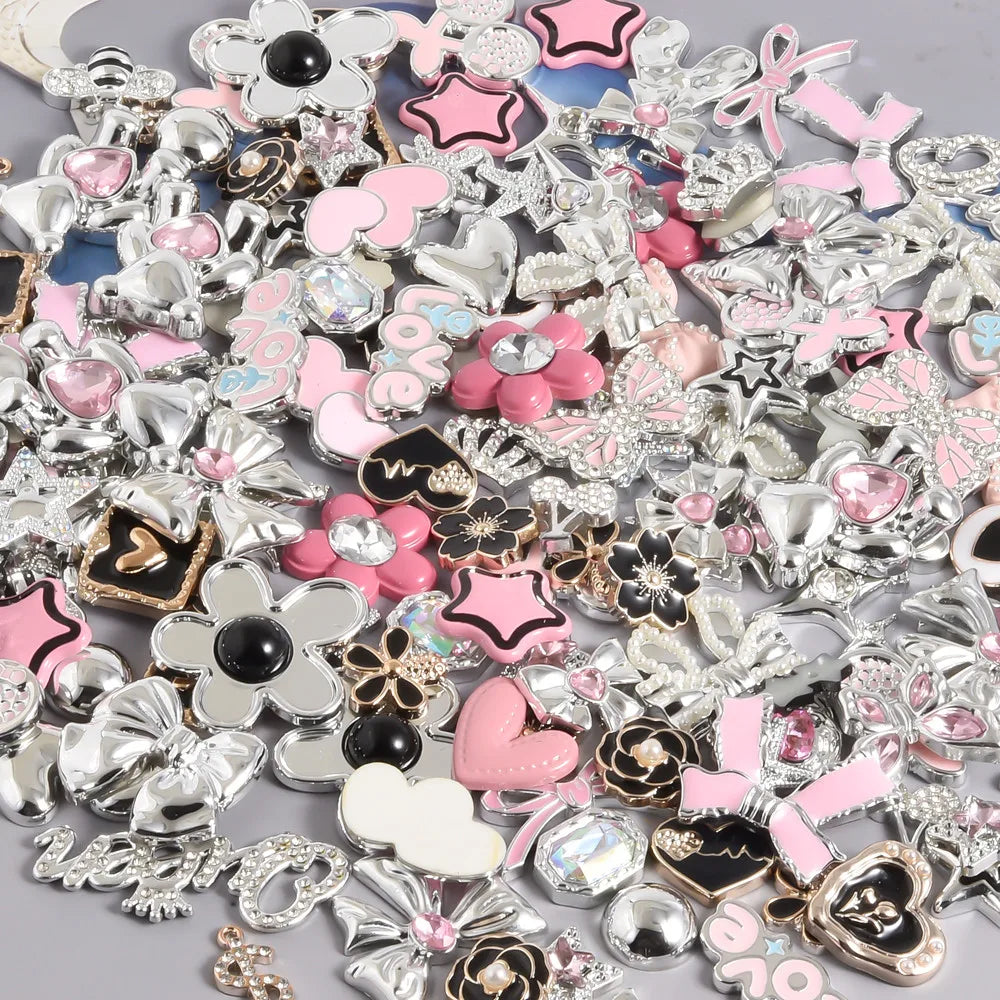 10/20/30/50pcs Random Mix Silver Color Heart Bow Star Charms For Junk Cases Flower Pink Girl Pendant DIY Hairpin Phone Case Bulk