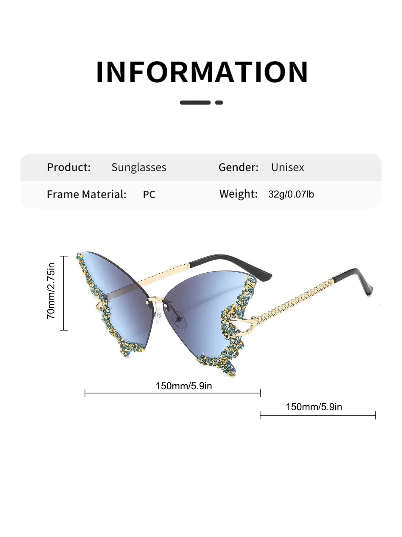 Butterfly Rimless Fashion Sunglasses for Women Men Bling Rhinestone Gradient Decorative Glasses for Costume Party