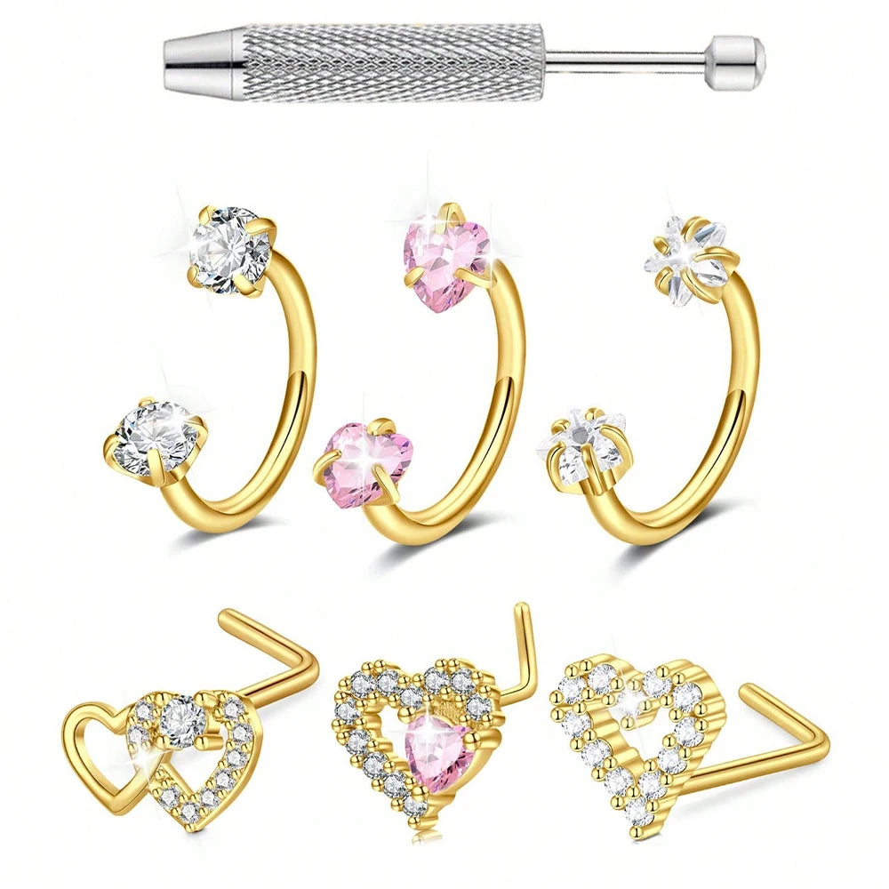 3pcs/Set Heart Horseshoe Nose Ring Nose Studs, Silver Gold Nose Ring, Stainless Steel Nose Piercing Jewelry For Women Man