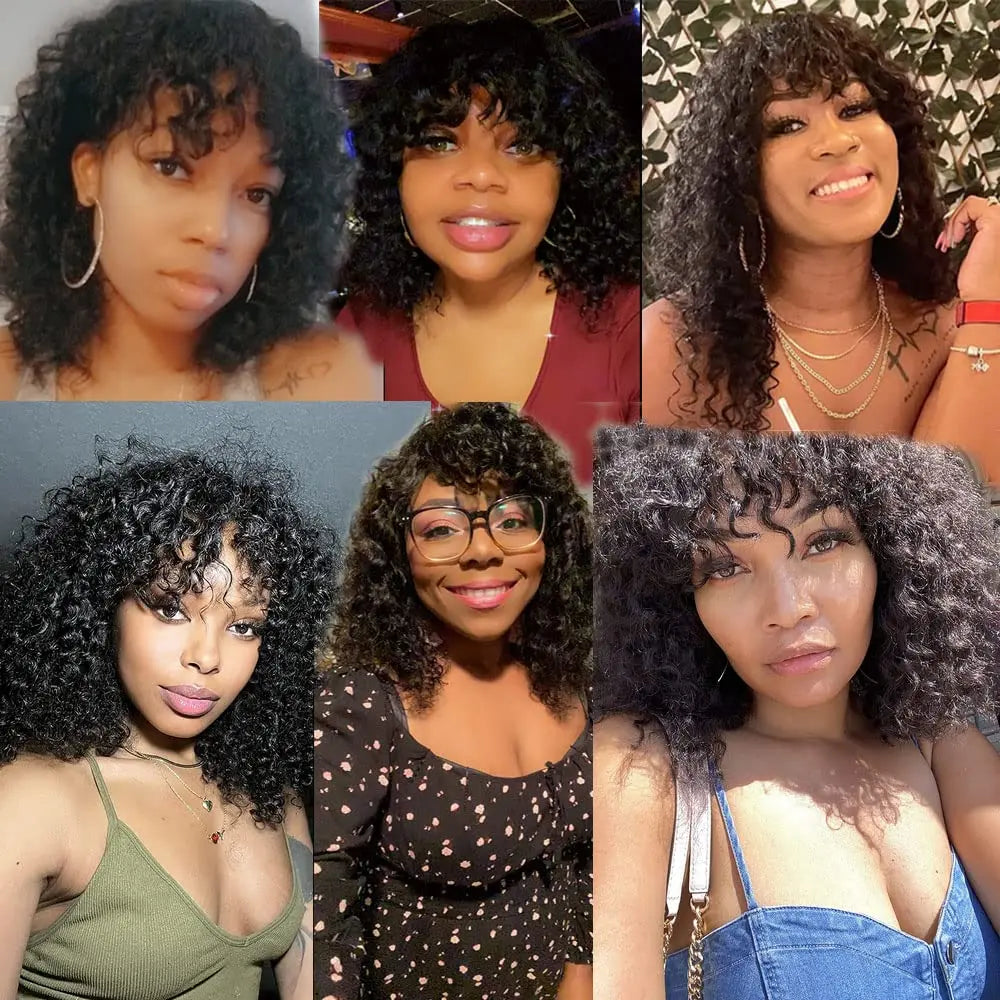 Curly Human Hair Wig with Wispy Bangs — 200% Density