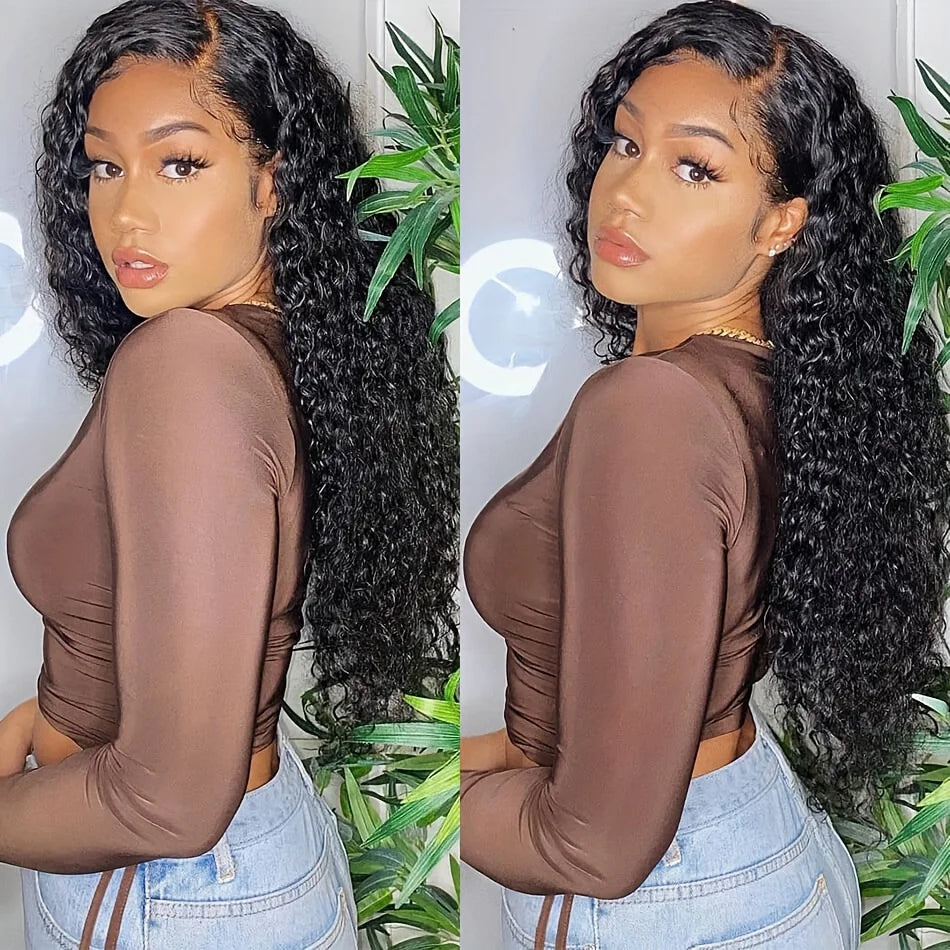 13x4 Natural Black 200 Density Deep Wave Brazilian Virgin Hair HD Transparent Lace wig Frontal Wig Pre plucked Wig For Women