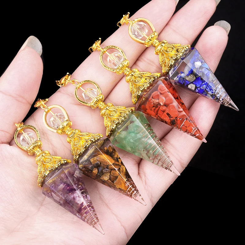 Natural Stone Golden Chain Seven Chakra Spirit Pendulum Gravel Resin Healing Pendant For Jewelry Making Accessories Necklace