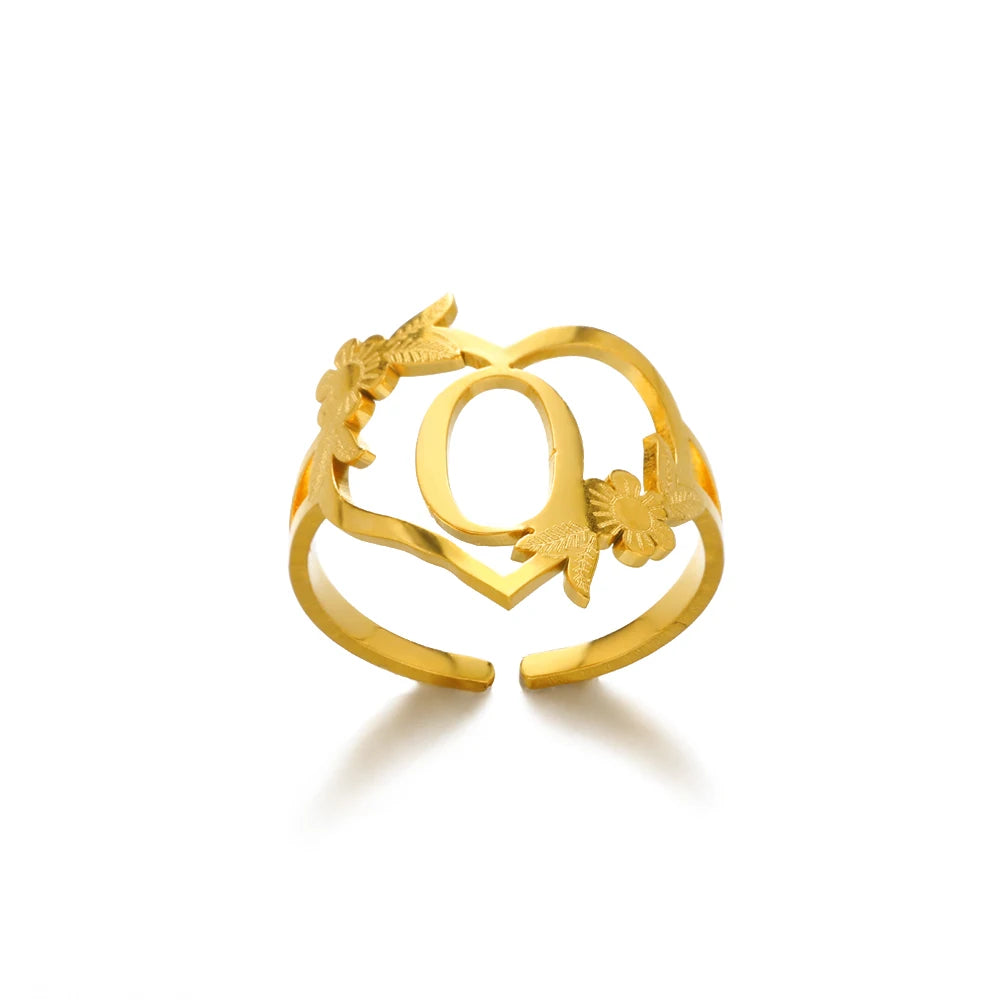 Stainless Steel Gold Color Heart A-Z Letter Rings For Women Anillos Mujer Love Open Initials Name Alphabet Ring Jewelry Gift