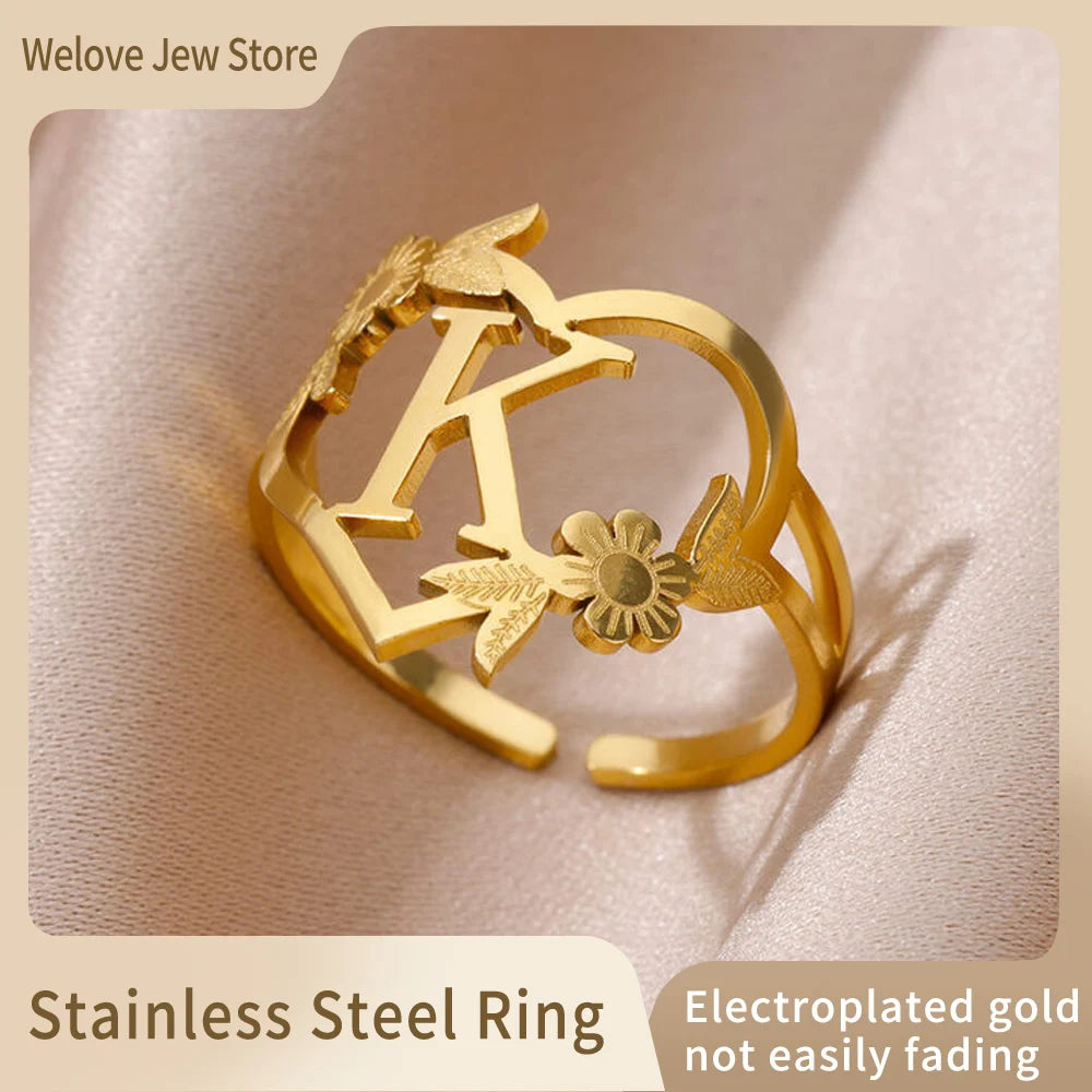 Stainless Steel Gold Color Heart A-Z Letter Rings For Women Anillos Mujer Love Open Initials Name Alphabet Ring Jewelry Gift