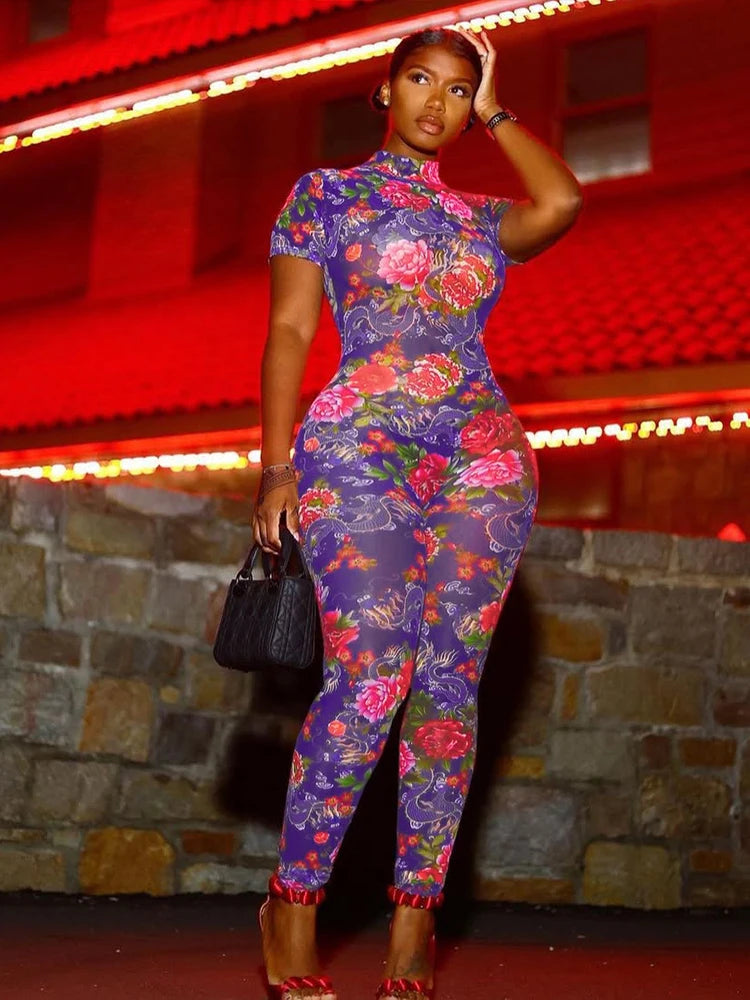 kliou Aesthetic Printed Women Jumpsuits Fashion Sexy Panelled Short Sleeve Backless Stand Collar Slim Overalls Mujer Clubwear
