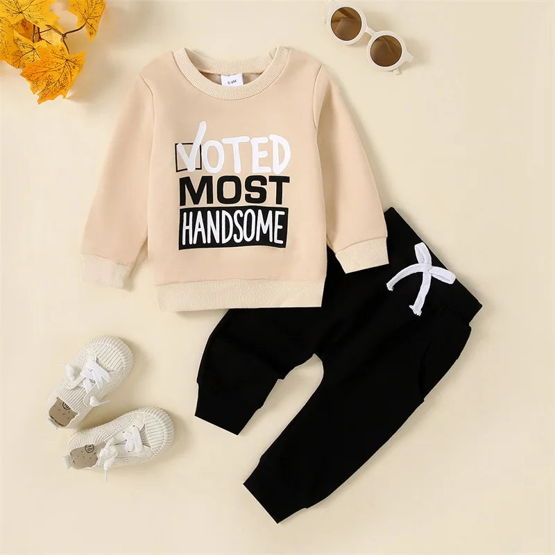 Pudcoco Infant Newborn Baby Boy Fall Outfit Letter Print Long Sleeve Sweatshirt Elastic Waist Pants with 3D Bow 2 Piece Set 0-3T