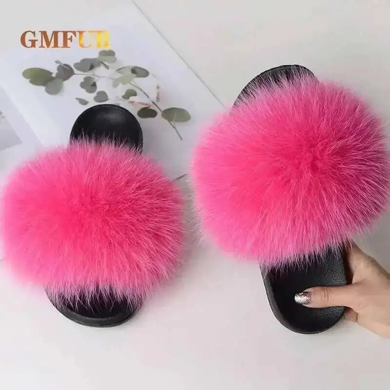 Ladies Real Fox Fur Slippers Summer Female Slides New Fuzzy Indoor Home Flats Women Cute Sandals Outdoor Beach Shoes Flip Flops