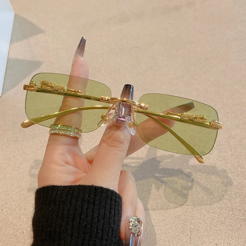 12pcs New Rimless Small Rectangle Sunglasses Fashion Y2K Frameless Sun Glasses Shades Leopard Decoration For Women Men UV400