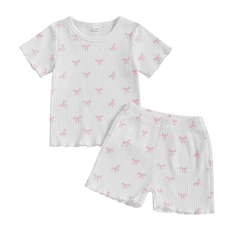 2024-12-09 Lioraitiin Toddler Baby Girl Bow Ribbed Outfit Lettuce Trim Short Sleeve Tops Elastic Waist Shorts Summer Set