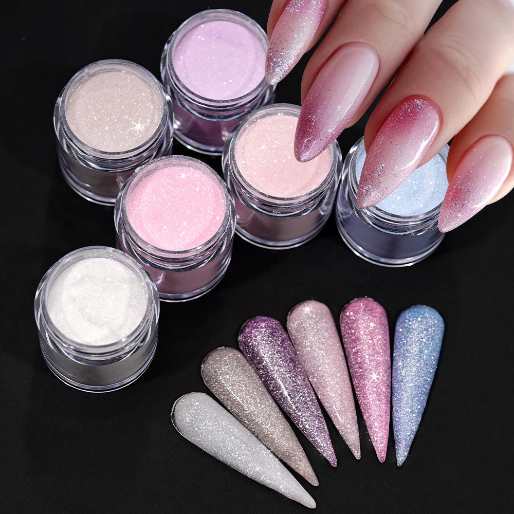 6Jars Glitter Nude Acrylic Nail Powder Set Pink Blue Glitter Acrylic Powder for Nail Extension French Manicure Nail Carving Tool