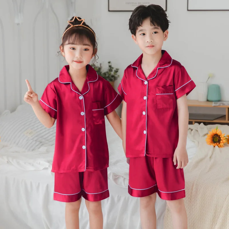 Children's Clothing Teen Girl Pink Satin Pajamas Long Sleeve Kids Homewear Clothes Boys Solid Nightshirt Silk Pijamas Baby Pjs