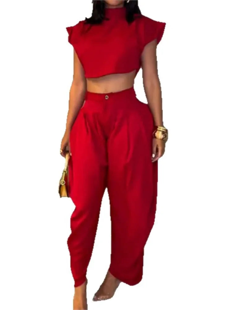 New Summer Fashion Women's High Waist Trousers Top Two-piece Set For Women Elegant Black Casual Two Piece Outfits Woman