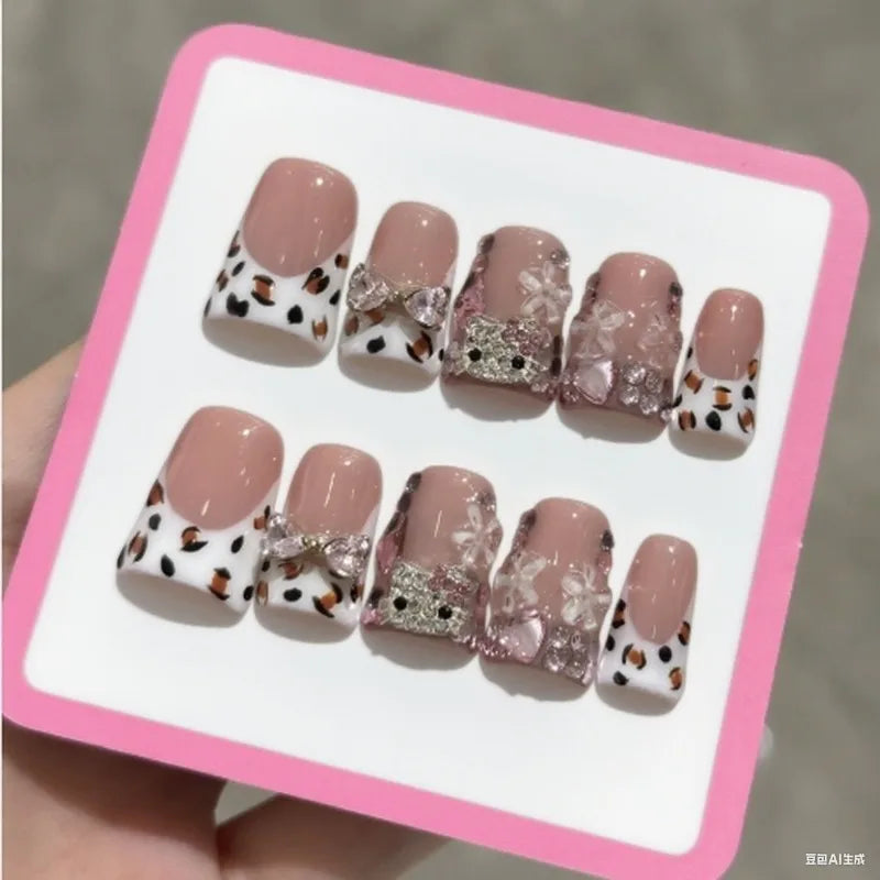 10pcs Sweet Bowknots Press on Nails Pink Leopard Print French Nail Tips with Glitter Diamond Decor Handmade Acrylic False Nail