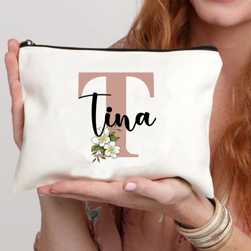 Floral Letters Custom Name Makeup Bag Best Gift for Bridesmaid Teachers Friends Women Purse Personalise Gift for Birthday