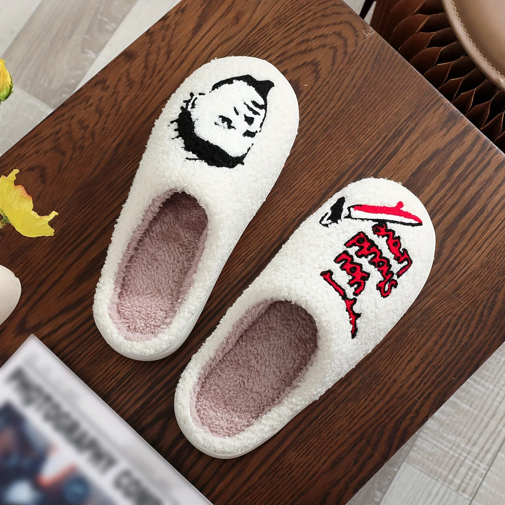 Halloween-themed plush slippers, featuring open-toe design for comfort and warmth, as well as  for indoor floor slippers