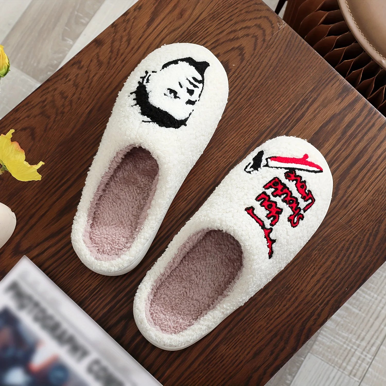 Halloween-themed plush slippers, featuring open-toe design for comfort and warmth, as well as  for indoor floor slippers