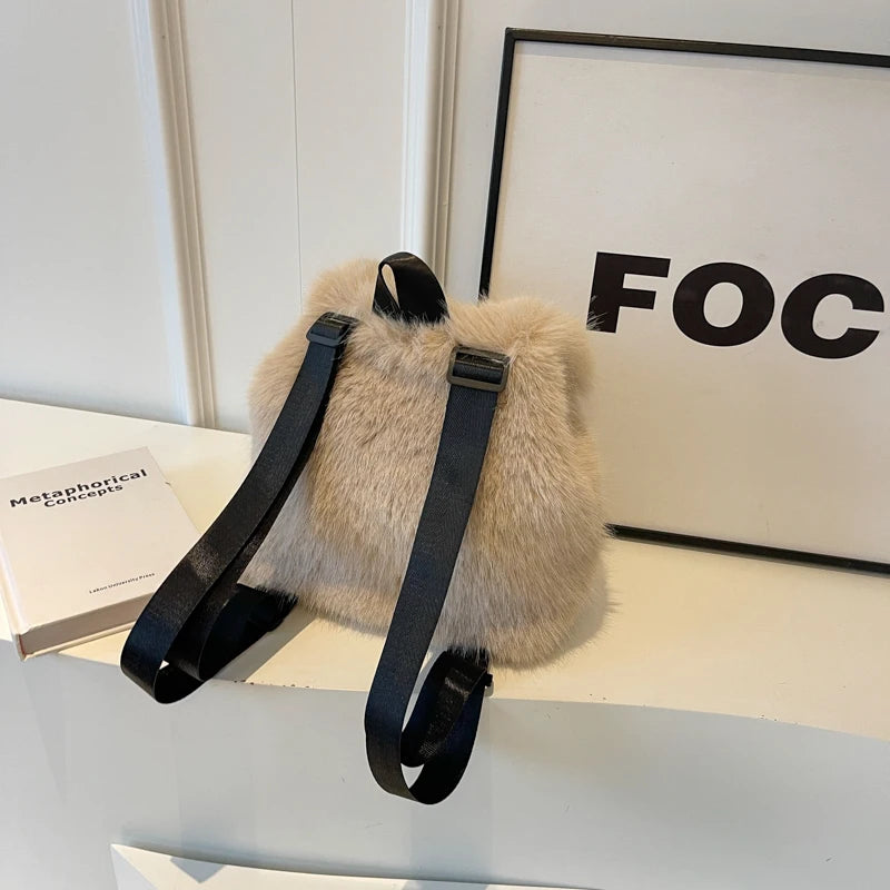 2026 Casual Faux Fur Backpack for Women Drawstring Flap Closure Large Capacity School Bag Trendy Travel