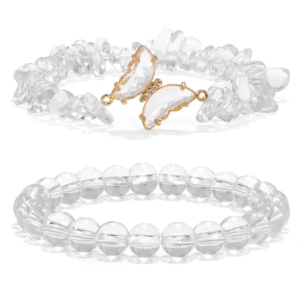 2pcs Rose Quartzs Beaded Bracelet Crystal Butterfly Charm Natural Stone Gravel Chip Round Beads Bracelets For Women Men Jewelry