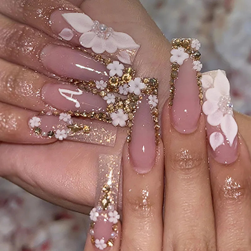 24Pcs Brown Long Coffin False Nails Glitter Ballet Wearable with French Design Fake nails Full Press on Nail Ins Nail Tips Art
