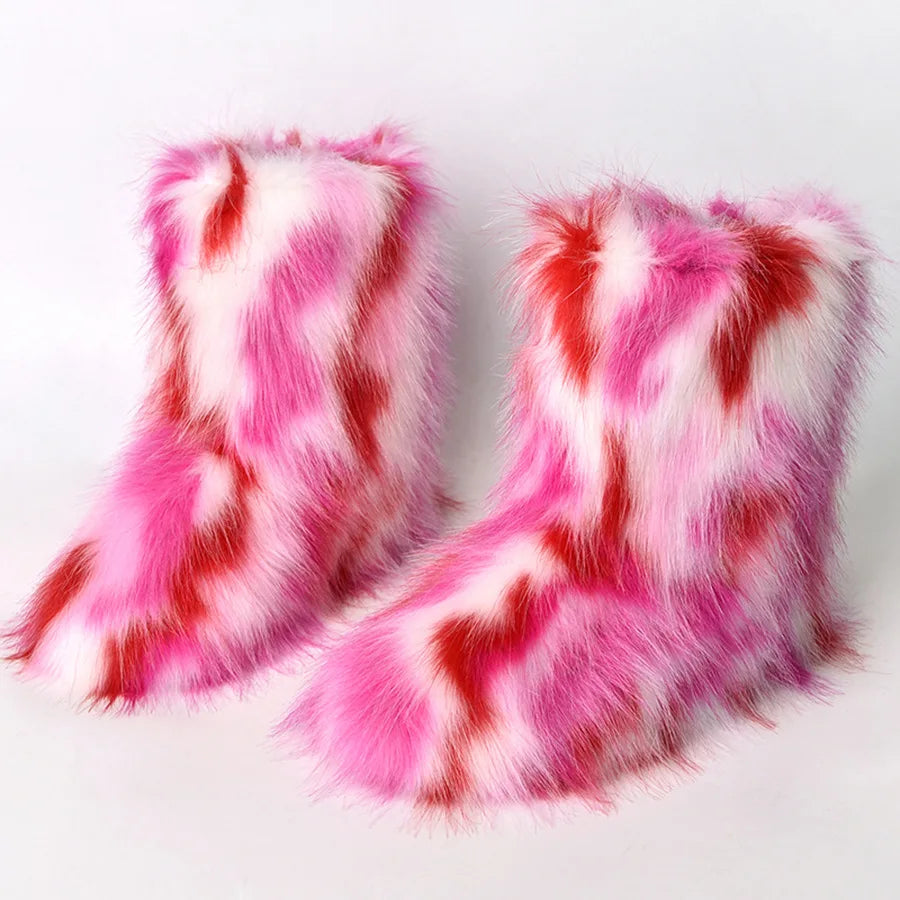 New Winter Fur Onepiece Raccoon Fur Female Snow Boots Fur Shoes Outdoor Mid Leg Boots