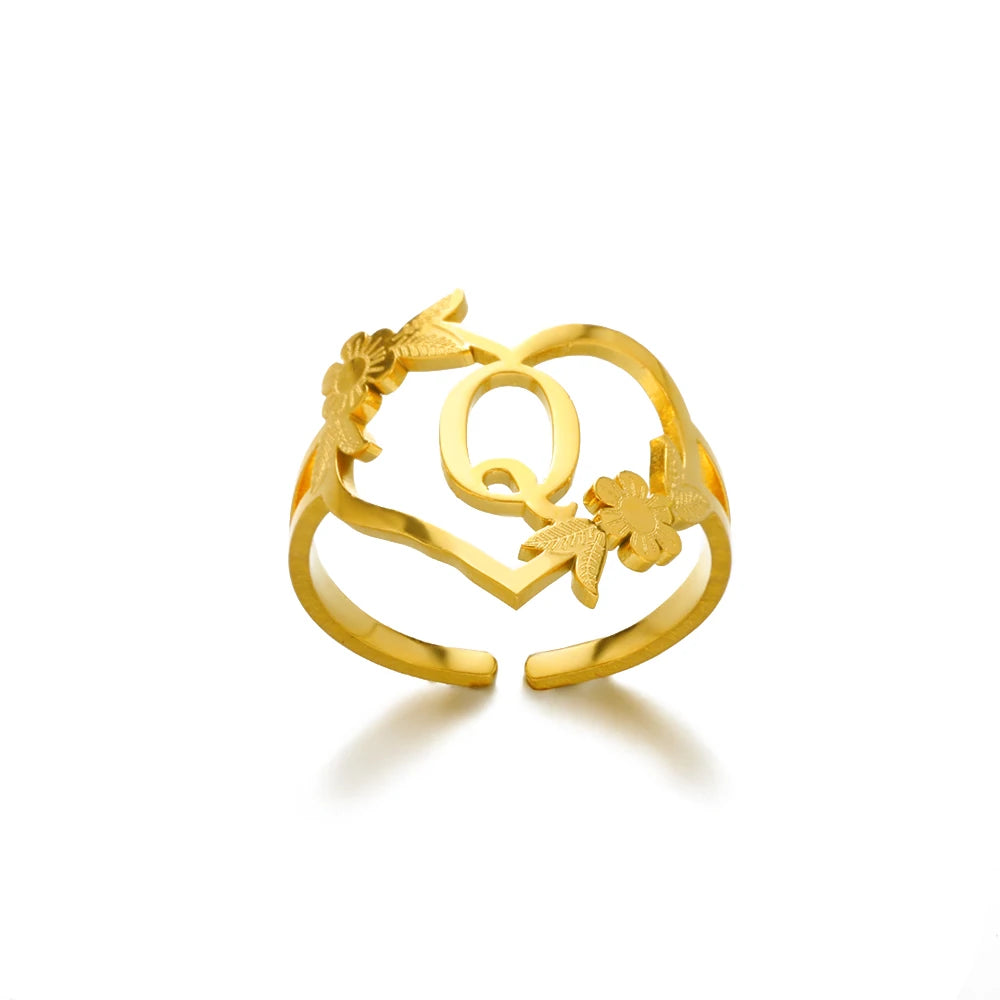 Stainless Steel Gold Color Heart A-Z Letter Rings For Women Anillos Mujer Love Open Initials Name Alphabet Ring Jewelry Gift