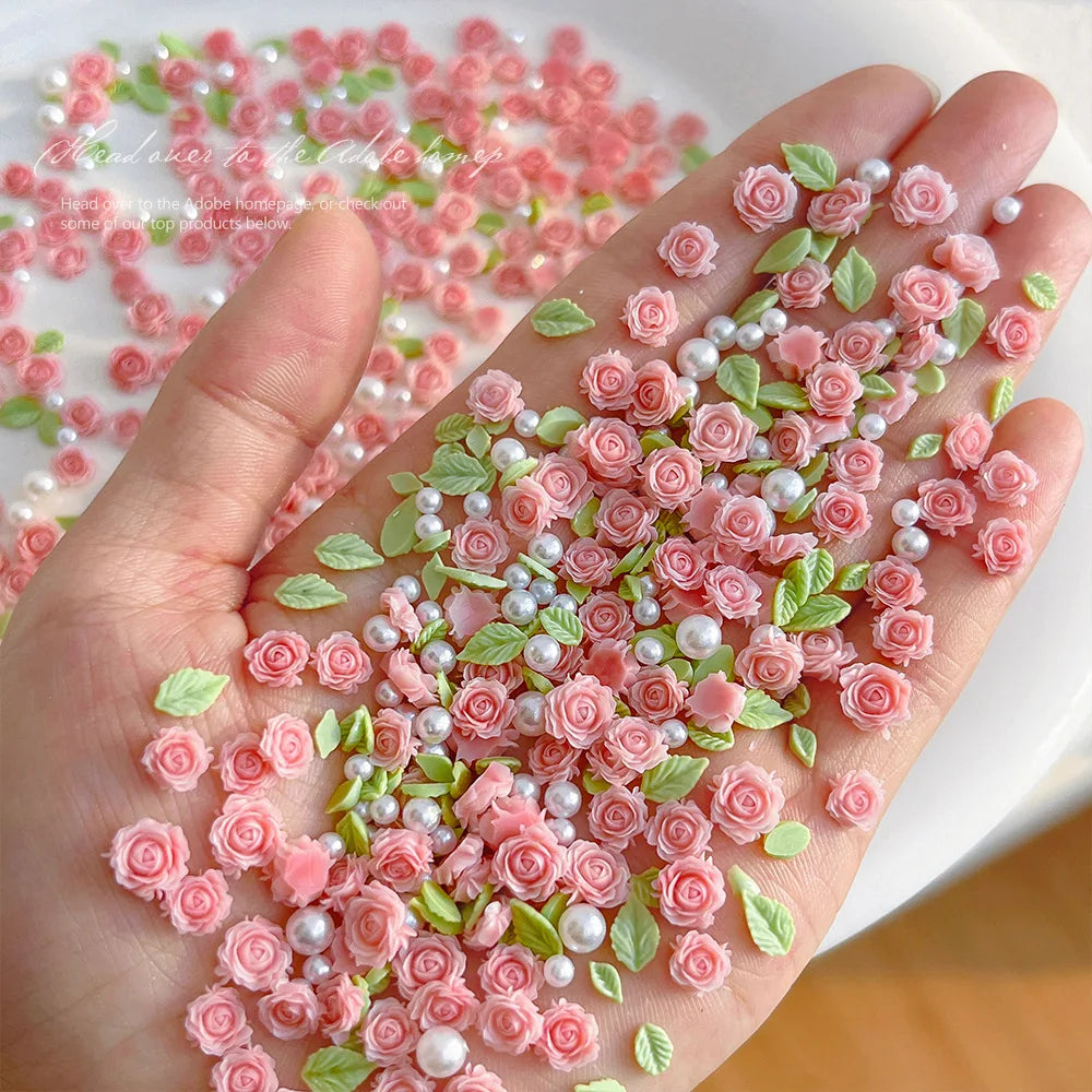 3D Mixed Size Nail Art Luxury Decoratons Rose Nail Charms Accessories 30pcs Pearl Resin Flower Pink Rose Red Supplies Parts DIY
