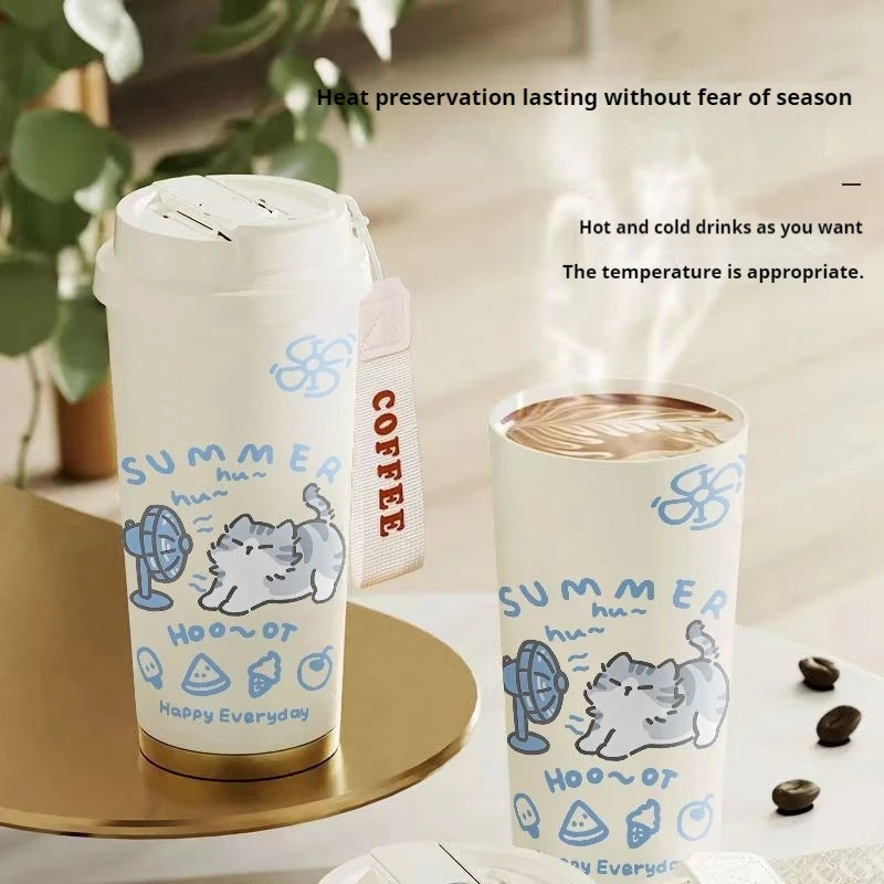 520ml Cute Cartoon Cat Insulated Cup High Appearance Stainless Steel Straw Cup Cold And Hot Insulation Double Drinking Cup