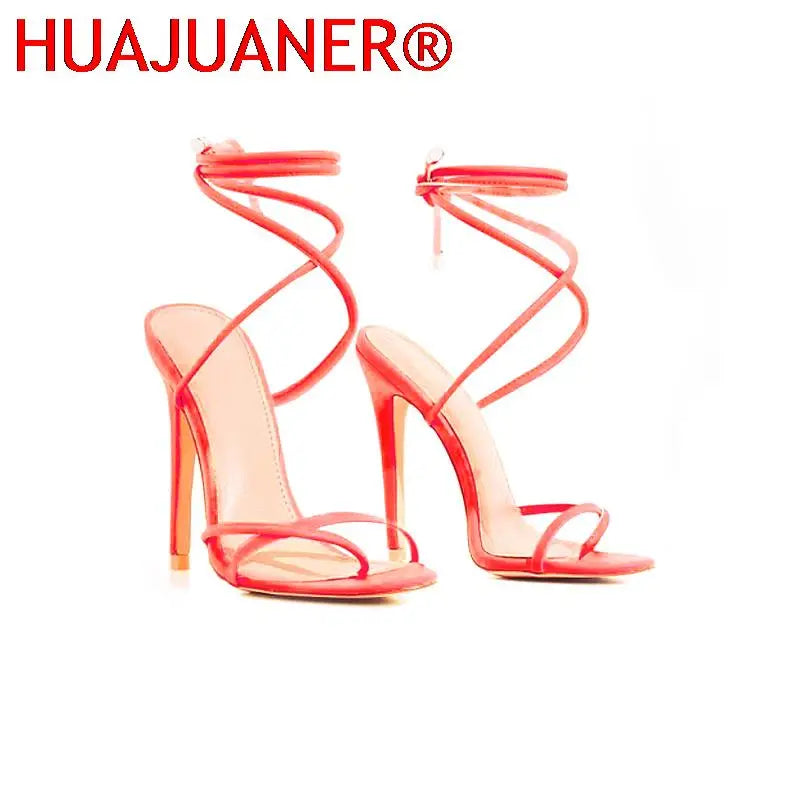 European Summer Sandals Candy Color Point Toe Lace Ankle Strap Party High Heels Pumps 11.5cm High Thin Heel Sandals Lady