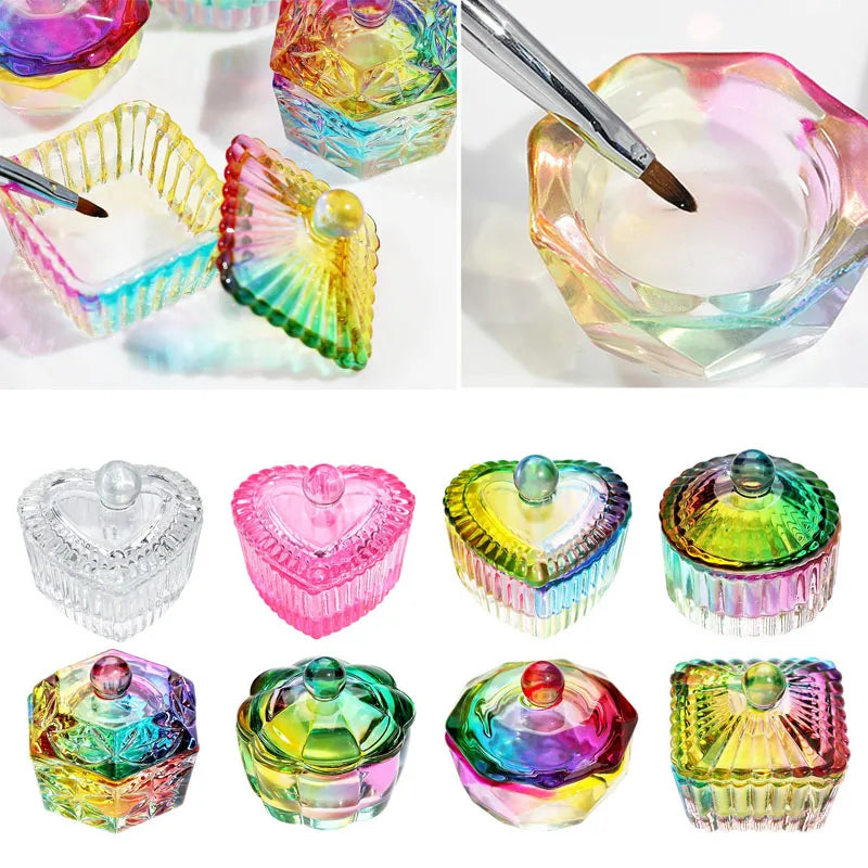 Colorful Crystal Glass Acrylic Powder Liquid Nail Cup Dish Lid Bowl with Cap Manicure Holder Equipment Nail Salon Manicure Tools