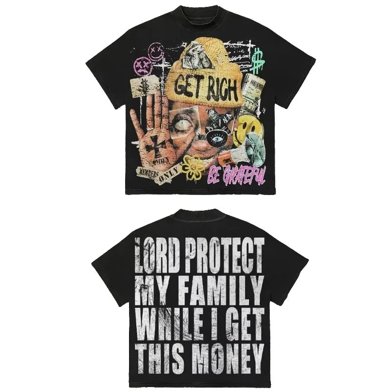 Men's Y2K pattern T-shirt "Get Rich and God Bless Your Family" slogan street style short-sleeved shirt bold money summer top