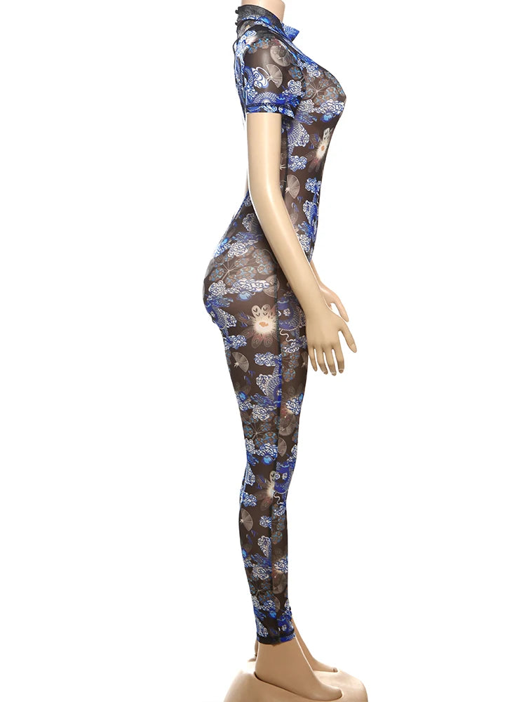 Nibber Colorful Print Jumpsuit Women Mesh  See Through Coquette Summer Backless Peach Buttocks Tight Activity Clubwear Overalls