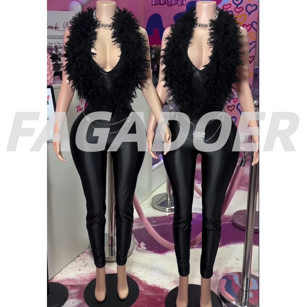 FAGADOER Winter New Sexy Fur Patchwork Bodycon Jumpsuits Woman Halter Deep V-neck Sleeveless Rompers Female Streetwear Overalls