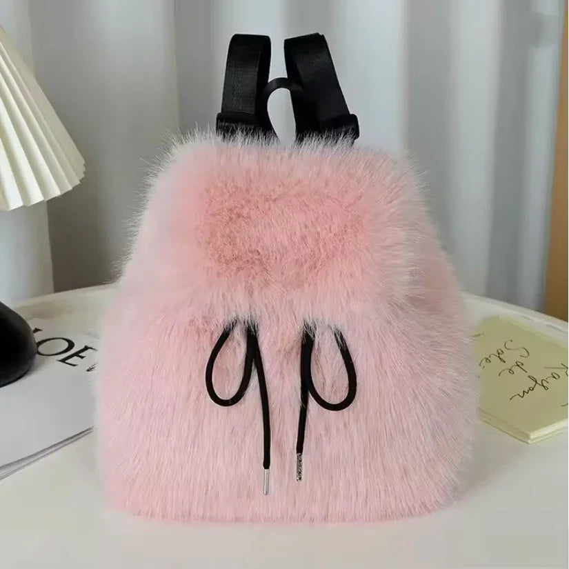 2026 Casual Faux Fur Backpack for Women Drawstring Flap Closure Large Capacity School Bag Trendy Travel