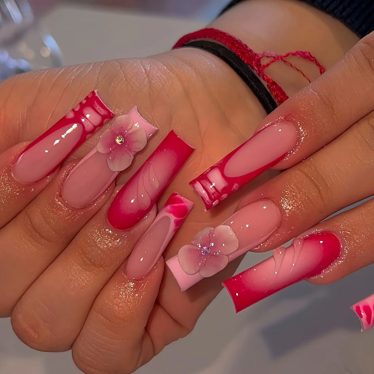 24pcs Long Ballet French Press on Nails with Cute Pink Bow Shiny Diamond Decor False Nail Tips Wearable Sweet Korean Fake Nails