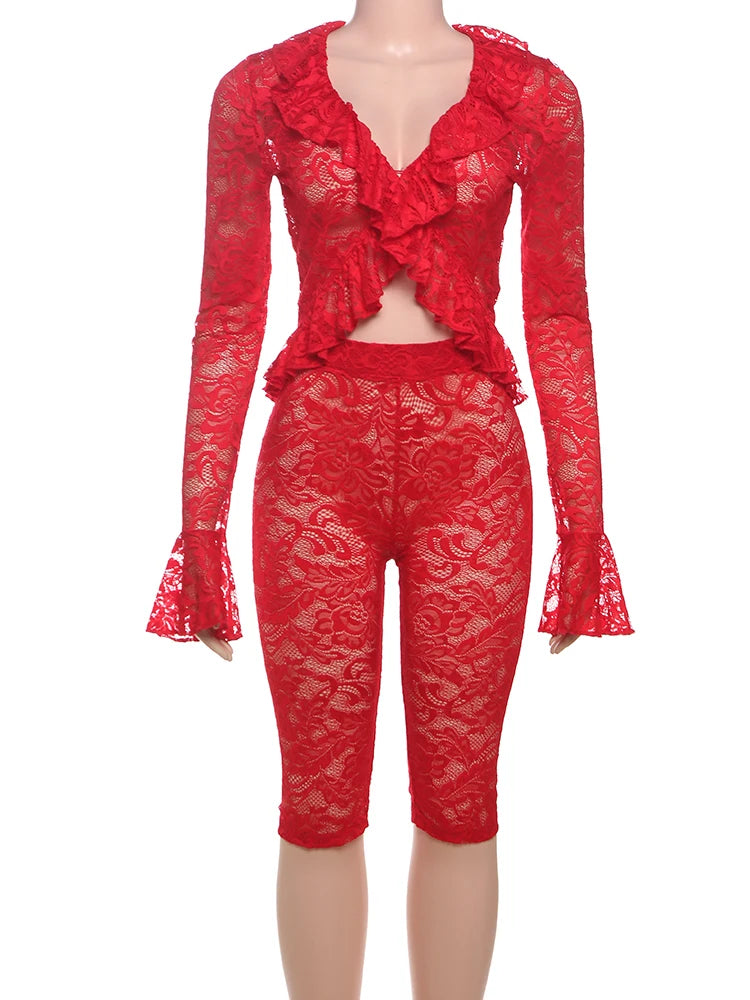 Nibber Summer Trend Jacquard Sexy Women 2 Piece Set Coquette Full Sleeve Ruffles Crop Tops+Bike Shorts Matching Clubwear Outfits