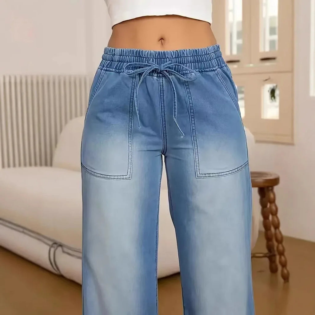 Women Jeans Wide Leg Pants Streetwear Denims Drawstring High Waist Washed Distressed Pockets Female Vintage Straight Trousers