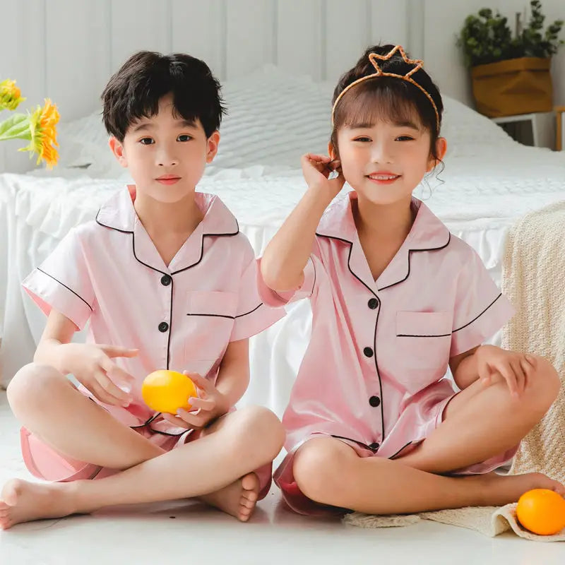 Children's Clothing Teen Girl Pink Satin Pajamas Long Sleeve Kids Homewear Clothes Boys Solid Nightshirt Silk Pijamas Baby Pjs
