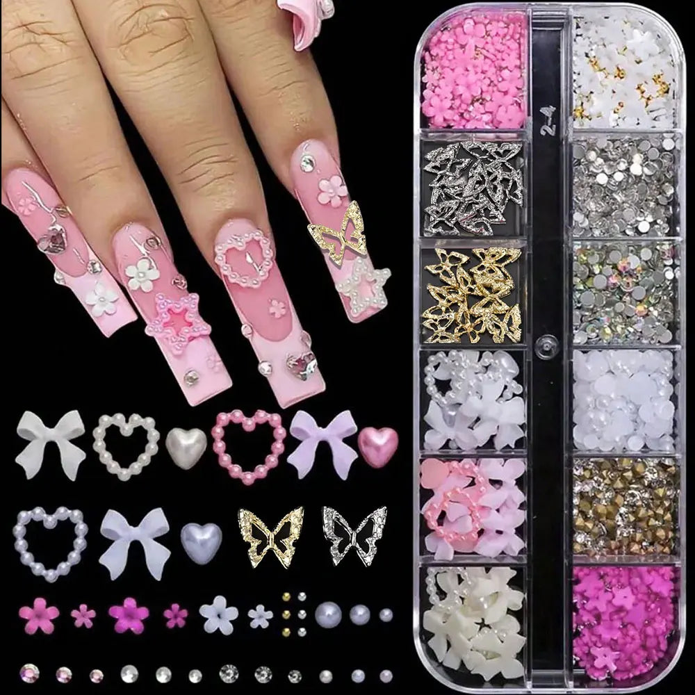12/15Grids Acrylic Flower Nail Charms Mix Colors Set 3D Flower Nail Art Rhinestones Mixed Blossom Spring Gems DIY Nail Supplies