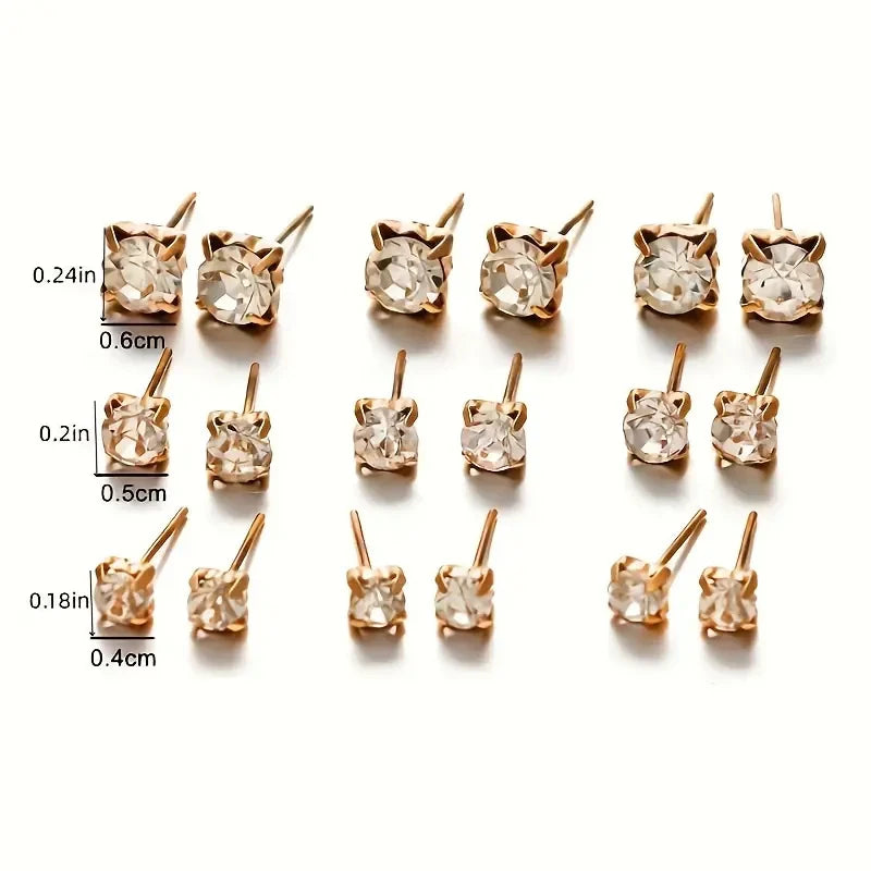 9-Pairs Sparkling Classic Stud Earrings Set for Women，Rhinestone Studded, Perfect for Everyday Wear and Festive Celebrations